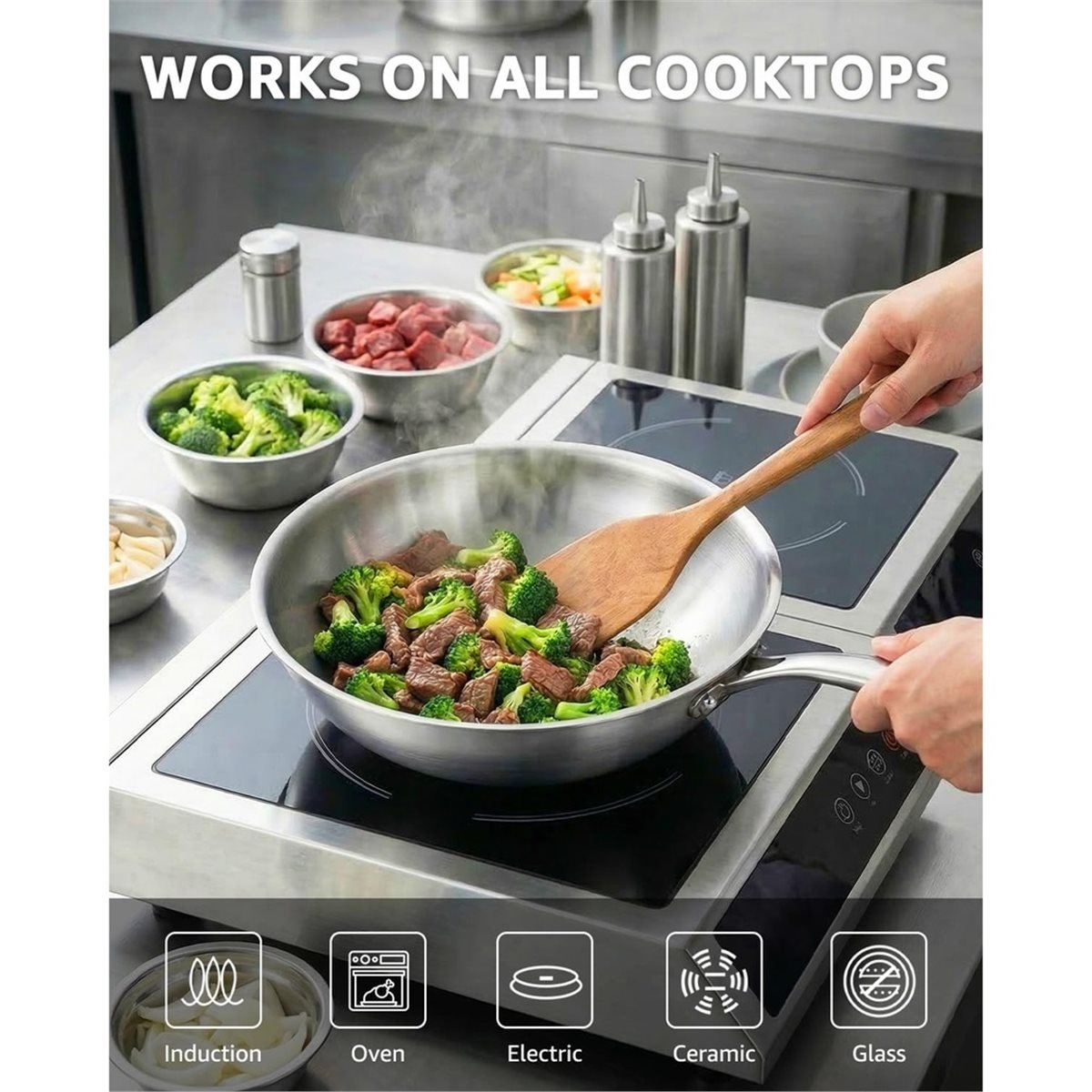 Wok Electric Flat - Premium Household 12 Inch Tri-Ply Stainless